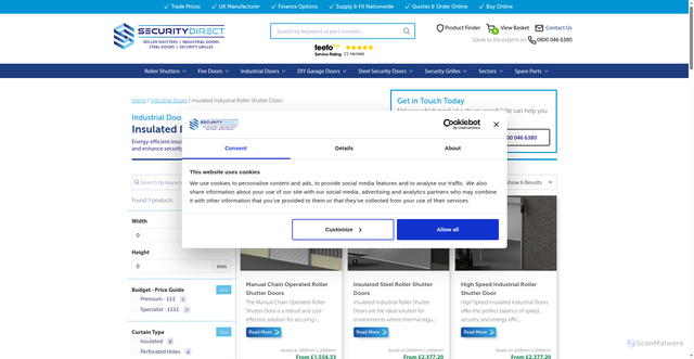 Security scan screenshot of https://securitydirectuk.com/industrial-doors/insulated-industrial-roller-shutterdoors/