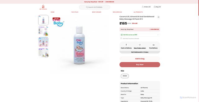Security scan screenshot of https://aspharma.online/Coconut-Oil--Almond-Oil-And-Sandalwood-Baby-Massage-Oil/catalogue/QRK_FcOe/2ir2ZjYt