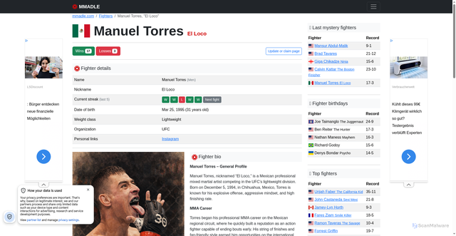 Security scan screenshot of https://mmadle.com/fighters/34105-manuel-torres