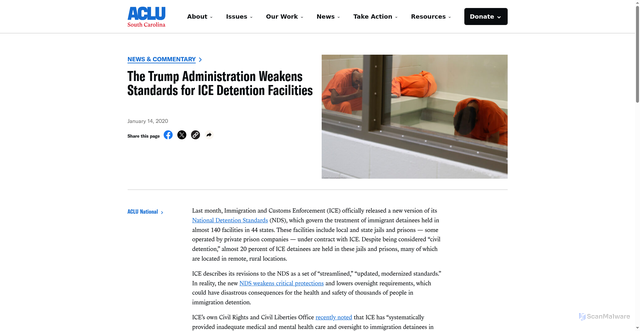 Security scan screenshot of https://www.aclusc.org/news/trump-administration-weakens-standards-ice-detention-facilities/
