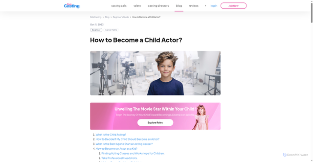 Security scan screenshot of https://kidscasting.com/blog/beginners-guide/how-to-become-a-child-actor