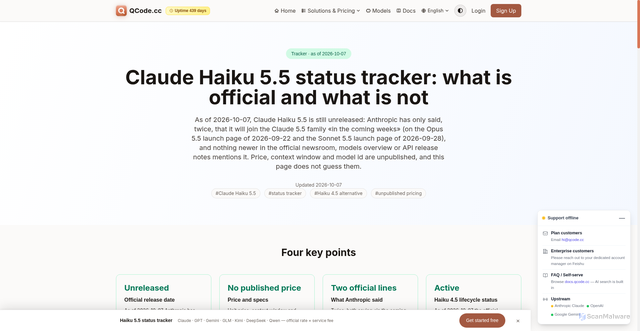 Security scan screenshot of https://qcode.cc/en/claude-haiku-5-5-status-tracker