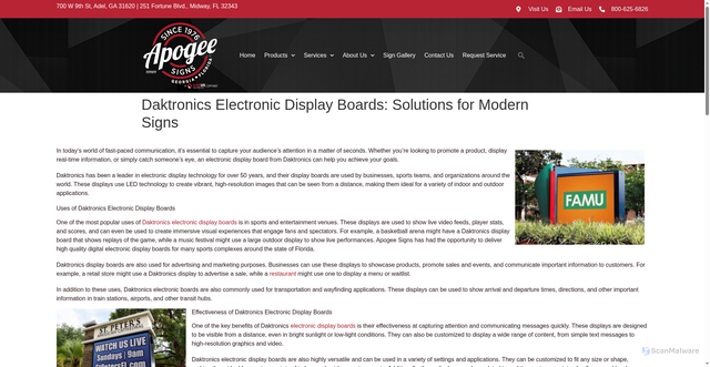 Security scan screenshot of https://www.apogeesigns.com/daktronics-electronic-display-boards-the-effective-solution-for-modern-signage/