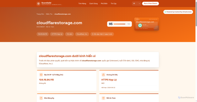 Security scan screenshot of https://scorevalid.com/vi/danh-gia/cloudflarestorage-com