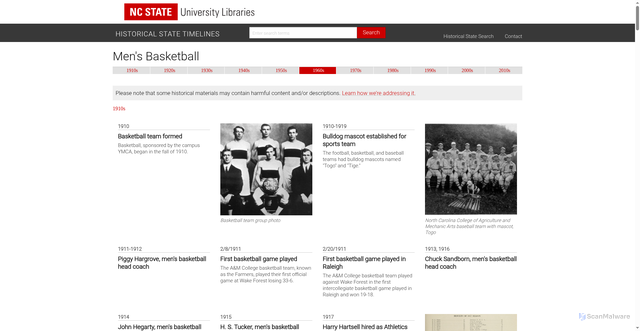 Security scan screenshot of https://historicalstate.lib.ncsu.edu/timelines/men-s-basketball