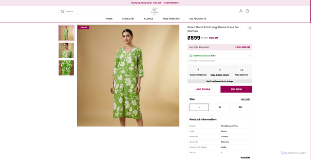 Security scan screenshot of https://thewomenplus.com/Green-Floral-Print-Long-Sleeve-Dress-for-Women/catalogue/jikvlDdU/WDK1xm64