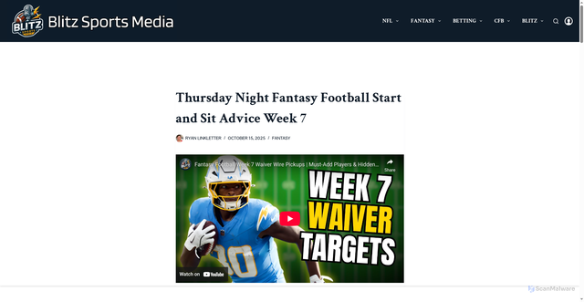 Security scan screenshot of https://blitzsportsmedia.com/tnf-fantasy-football-start-sit-wk7-25/