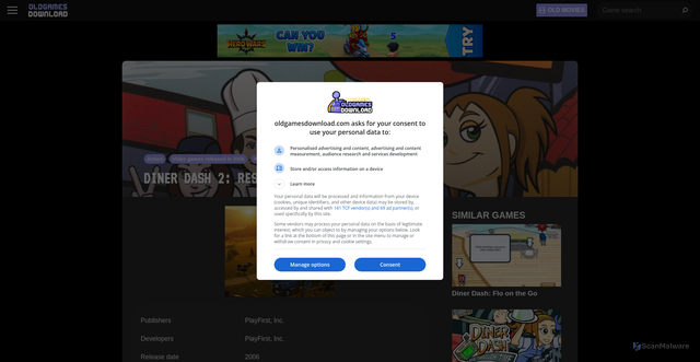 Security scan screenshot of https://oldgamesdownload.com/diner-dash-2-restaurant-rescue/