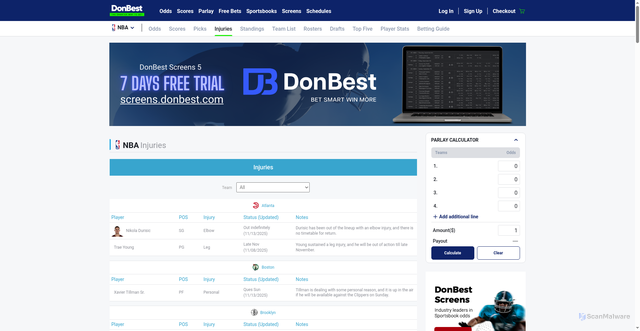 Security scan screenshot of https://www.donbest.com/nba/injuries