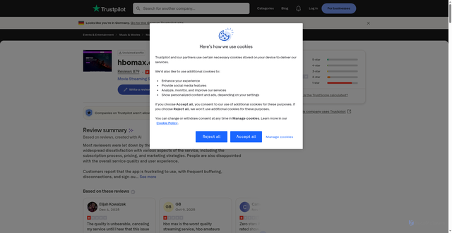 Security scan screenshot of https://ca.trustpilot.com/review/hbomax.com