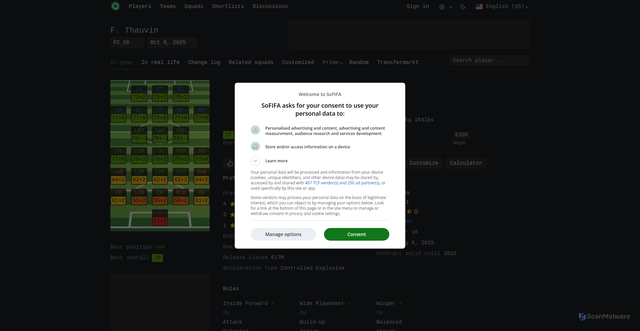 Security scan screenshot of https://sofifa.com/player/204970/florian-thauvin/?hl=en-US