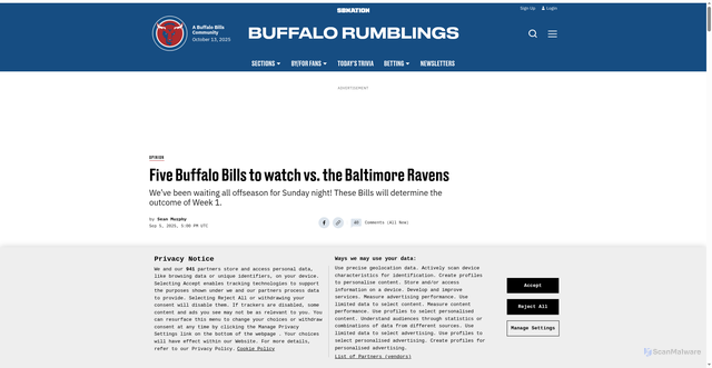 Security scan screenshot of https://www.buffalorumblings.com/buffalo-bills-opinion/114968/five-buffalo-bills-to-watch-vs-the-baltimore-ravens