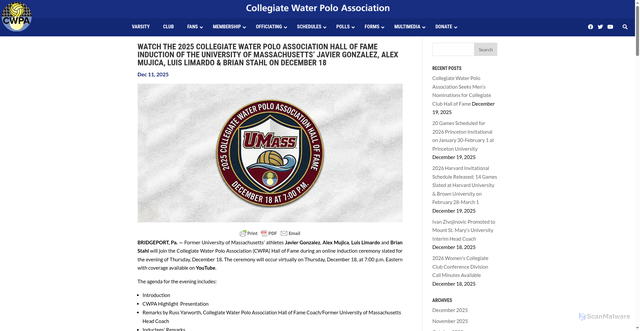 Security scan screenshot of https://collegiatewaterpolo.org/watch-the-2025-collegiate-water-polo-association-hall-of-fame-induction-of-the-university-of-massachusetts-javier-gonzalez-alex-mujica-luis-limardo-brian-stahl-on-december-18/