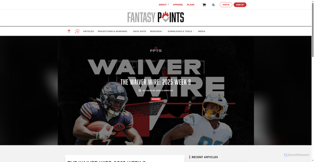 Security scan screenshot of https://www.fantasypoints.com/nfl/articles/2025/the-waiver-wire-week-8