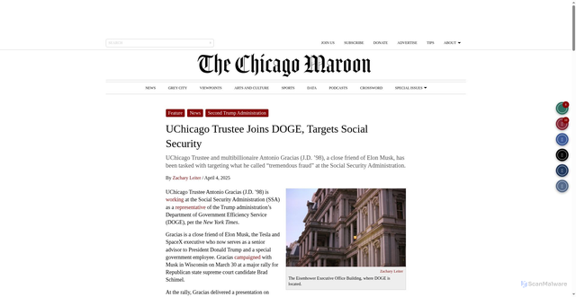 Security scan screenshot of https://chicagomaroon.com/46790/news/uchicago-trustee-joins-doge-targets-social-security/