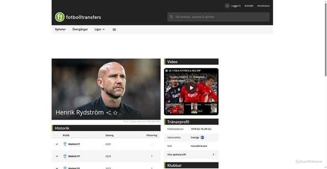 Security scan screenshot of https://fotbolltransfers.com/tranare/henrik-rydstrom/283