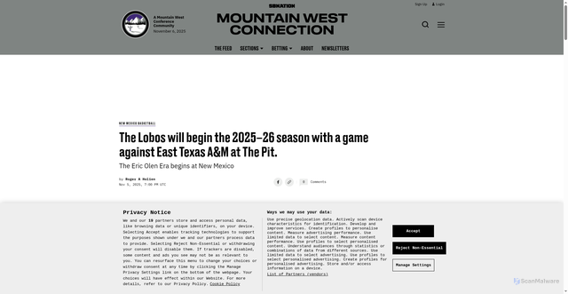 Security scan screenshot of https://www.mwcconnection.com/new-mexico-lobos-basketball/75224/the-lobos-will-begin-the-2025-26-season-with-a-game-against-east-texas-am-at-the-pit