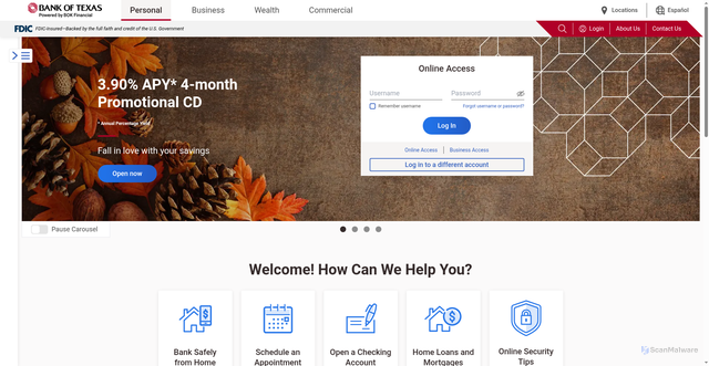 Security scan screenshot of https://www.bankoftexas.com/