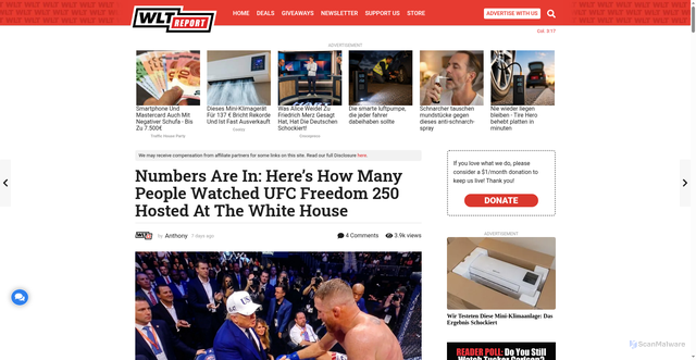 Security scan screenshot of https://wltreport.com/2026/06/19/numbers-are-in-heres-how-many-people-watched-ufc-freedom-250-hosted-at-the-white-house/