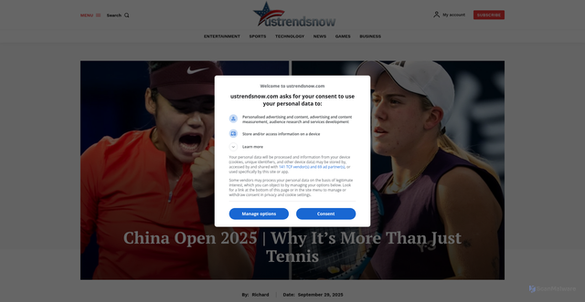 Security scan screenshot of https://ustrendsnow.com/sports/china-open-tennis/