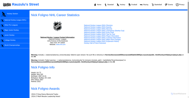 Security scan screenshot of http://sww.rauzulusstreet.com/hockey/nhl/players/player?name=foligni01