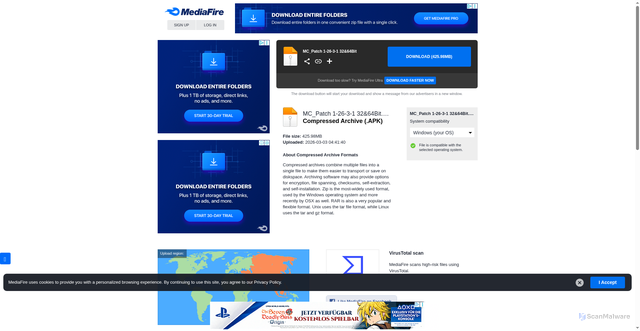 Security scan screenshot of https://www.mediafire.com/file/gtcdheq4a0tj5d1/MC_Patch_1-26-3-1_32%2664Bit.apk/file?dkey=ee6tkuyvfkx&r=1207