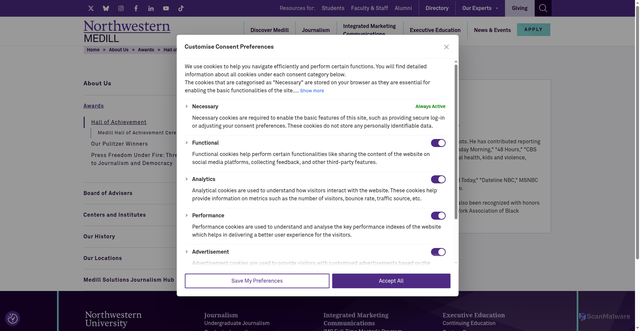 Security scan screenshot of https://www.medill.northwestern.edu/about-us/awards/hall-of-achievement/maurice-dubois.html