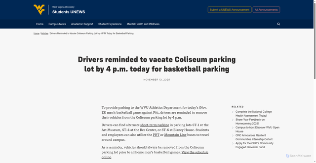 Security scan screenshot of https://students.wvu.edu/articles/drivers-reminded-to-vacate-coliseum-parking-lot-by-4-p-m-today-for-basketball-parking/