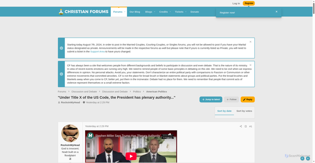 Security scan screenshot of https://www.christianforums.com/threads/under-title-x-of-the-us-code-the-president-has-plenary-authority.8335631/