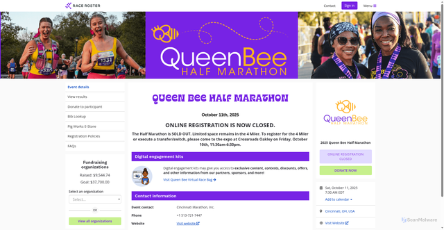 Security scan screenshot of https://raceroster.com/events/2025/89350/2025-queen-bee-half-marathon