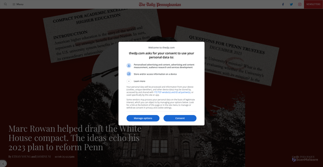 Security scan screenshot of https://www.thedp.com/article/2025/10/penn-marc-rowan-questions-trustees-compact