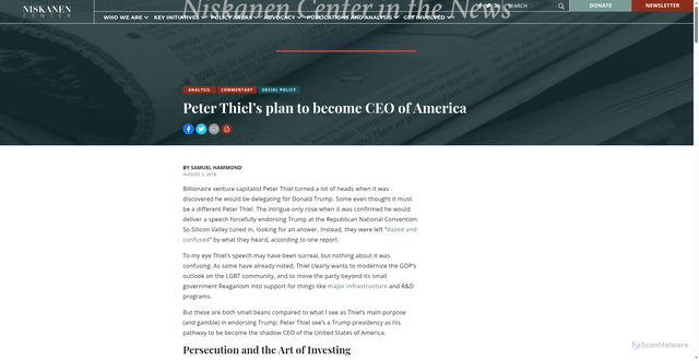 Security scan screenshot of https://www.niskanencenter.org/peter-thiels-plan-become-ceo-america/