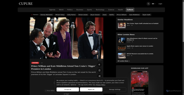 Security scan screenshot of https://cupure.com/en/news/culture/william-and-kate-join-tom-cruise-at-digger-premiere-qcKHJFKK0sC