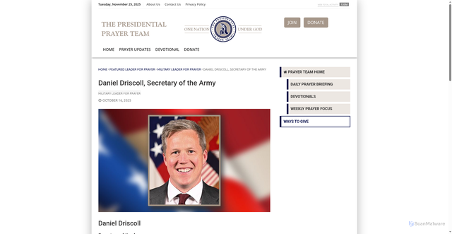 Security scan screenshot of https://www.presidentialprayerteam.org/2025/10/16/daniel-driscoll-secretary-of-the-army-3/