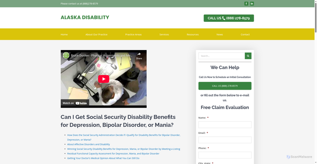 Security scan screenshot of https://alaska-disability.com/depression-bipolar-mania/