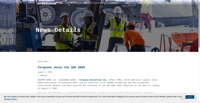 Security scan screenshot of https://www.corporate.ferguson.com/pressroom/news-releases/news-details/2026/Ferguson-Joins-the-SP-500/default.aspx