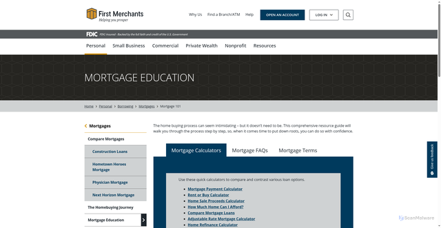 Security scan screenshot of https://www.firstmerchants.com/personal/borrowing/mortgages/mortgage-101/what-does-a-mortgage-loan-officer-do