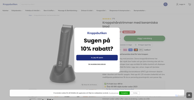 Security scan screenshot of https://kroppsbutiken.se/products/kroppsharstrimmer-med-keramiska-blad?_pos=1&_psq=Kroppsh%C3%A5rstrimmer%20med%20keramiska%20blad&_psid=1d7e130cf&_ss=e&utm_source=Klaviyo&utm_medium=email&_kx=u2HszHdrGL0ko1AOBaw8Hz_zGjMiRUOnyG-u68ldHJo.V2UBpU