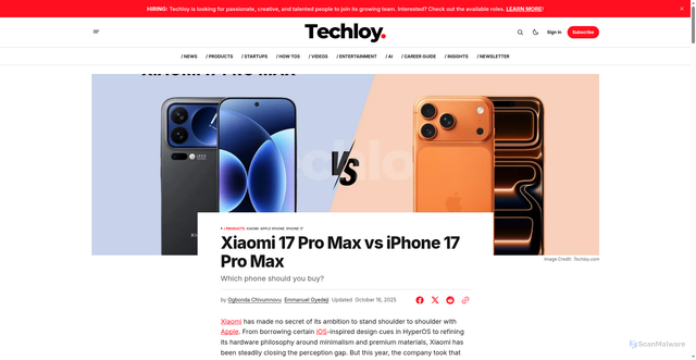 Security scan screenshot of https://www.techloy.com/xiaomi-17-pro-max-vs-iphone-17-pro-max/
