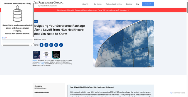 Security scan screenshot of https://www.theretirementgroup.com/featured-article/5448073/youve-been-laid-off-from-hca-healthcare-how-much-severance