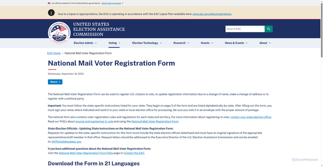 Security scan screenshot of https://www.eac.gov/voters/national-mail-voter-registration-form