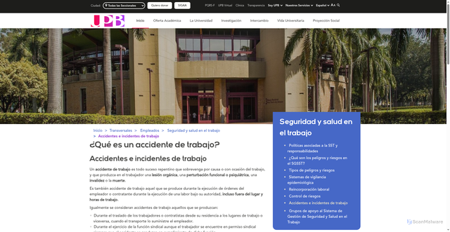 Security scan screenshot of https://www.upb.edu.co/es/seguridad-salud-trabajo/accidentes-e-incidentes-de-trabajo