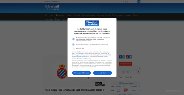 Security scan screenshot of https://footballtunisien.com/2025/11/celta-de-vigo-rcd-espanyol-top-5-des-joueurs-les-plus-influents/