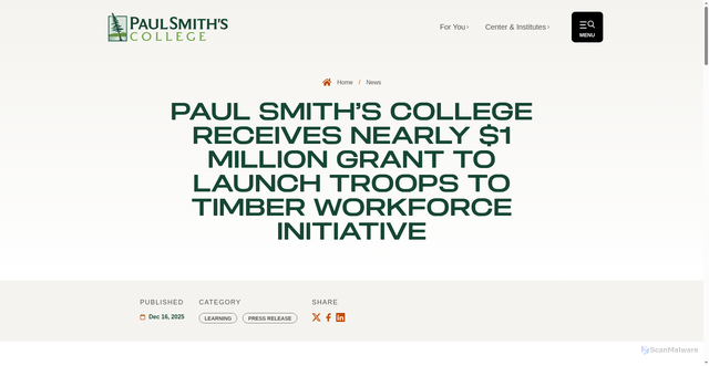 Security scan screenshot of https://www.paulsmiths.edu/news/paul-smiths-college-receives-nearly-1-million-grant-to-launch-troops-to-timber-workforce-initiative/