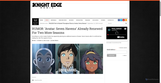 Security scan screenshot of https://knightedgemedia.com/2025/10/rumor-avatar-seven-havens-already-renewed-for-two-more-seasons/