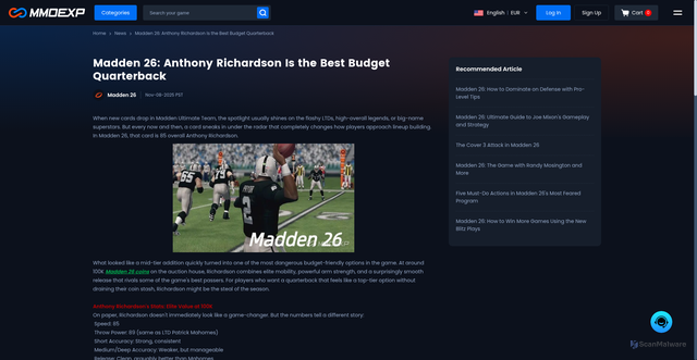Security scan screenshot of https://www.mmoexp.com/News/madden-26-anthony-richardson-is-the-best-budget-quarterback.html
