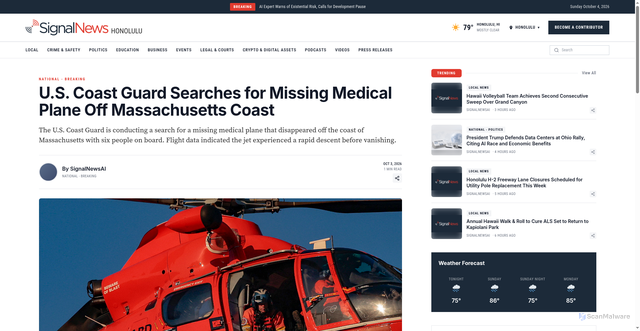 Security scan screenshot of https://signalnewshonolulu.com/story/88062/u-s-coast-guard-searches-for-missing-medical-plane-off-massachusetts-coast/