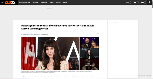 Security scan screenshot of https://raleighcw.com/entertainment/dakota-johnson-reveals-if-well-ever-see-taylor-swift-and-travis-kelces-wedding-photos
