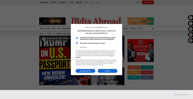 Security scan screenshot of https://www.newindiaabroad.com/english/podcast/india/president-trump-face-on-u-s-passports-state-department-unveils-the-special-design