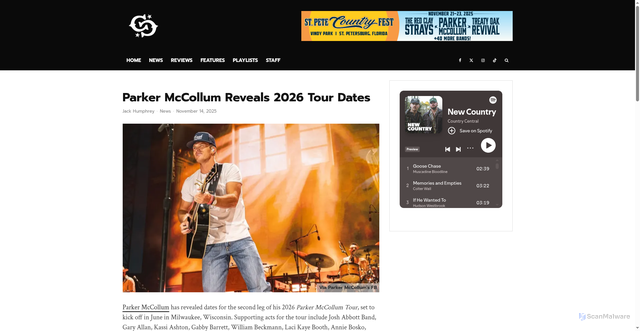 Security scan screenshot of https://countrycentral.com/news/parker-mccollum-reveals-2026-tour-dates/